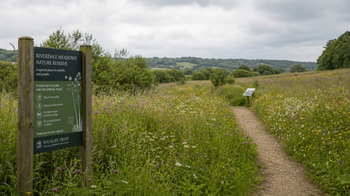 a nature reserve wildflower meadow with conservation signage visible, soft overcast light…
