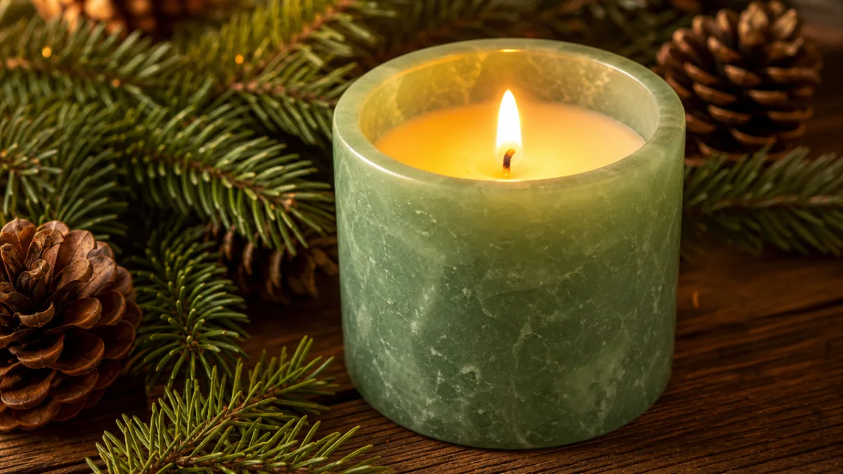 a close-up of a lit jade green candle on a wooden surface…