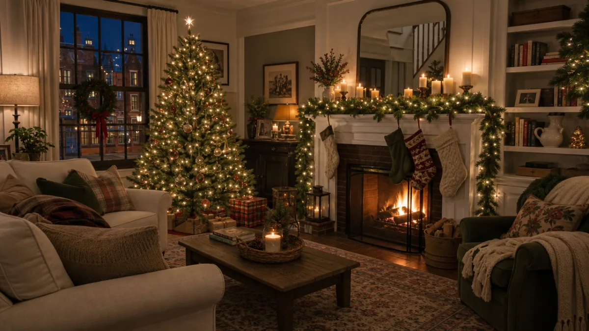 a cozy townhome living room decorated for Christmas with candles glowing on…