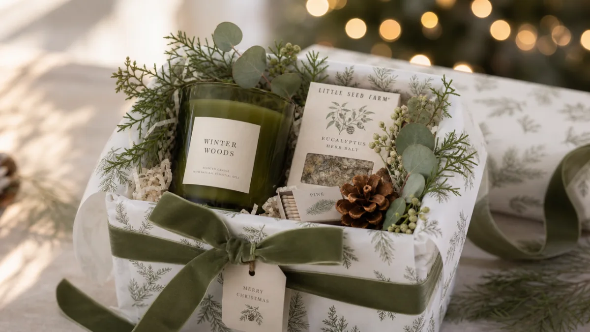 a beautifully wrapped Christmas gift set including a green candle and botanicals…