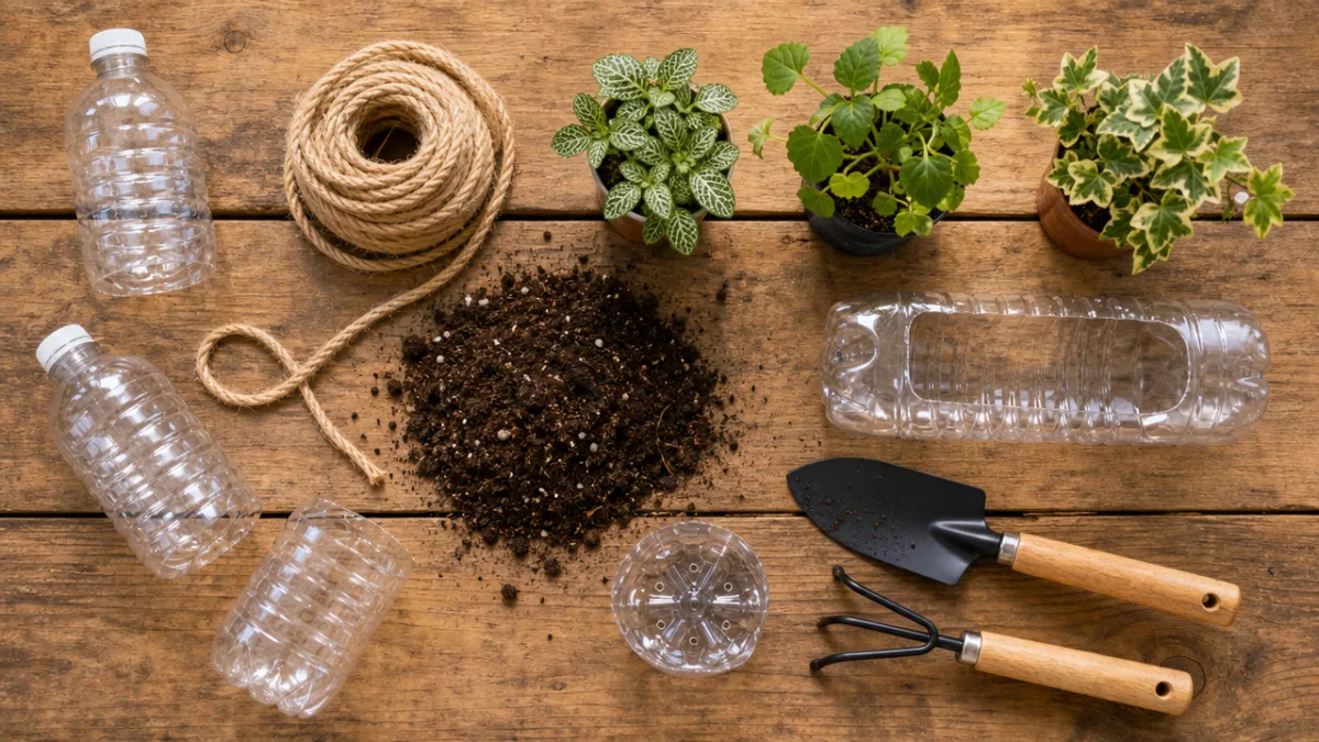 a flat lay of plastic bottles, rope, potting soil, small plants, and…