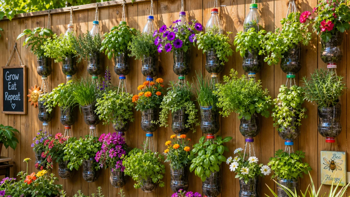 a lush vertical garden made of hanging plastic bottles filled with green…