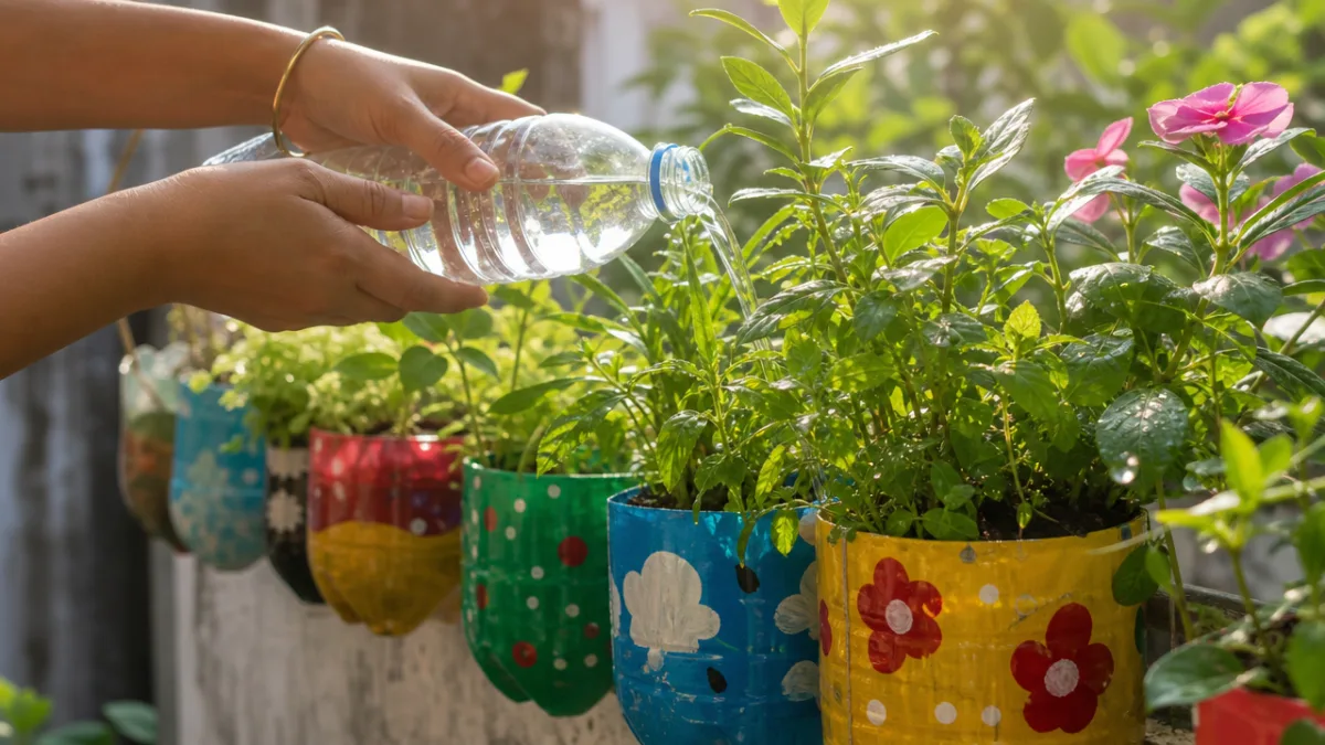 a close-up of hands watering lush green plants in colorful painted plastic…