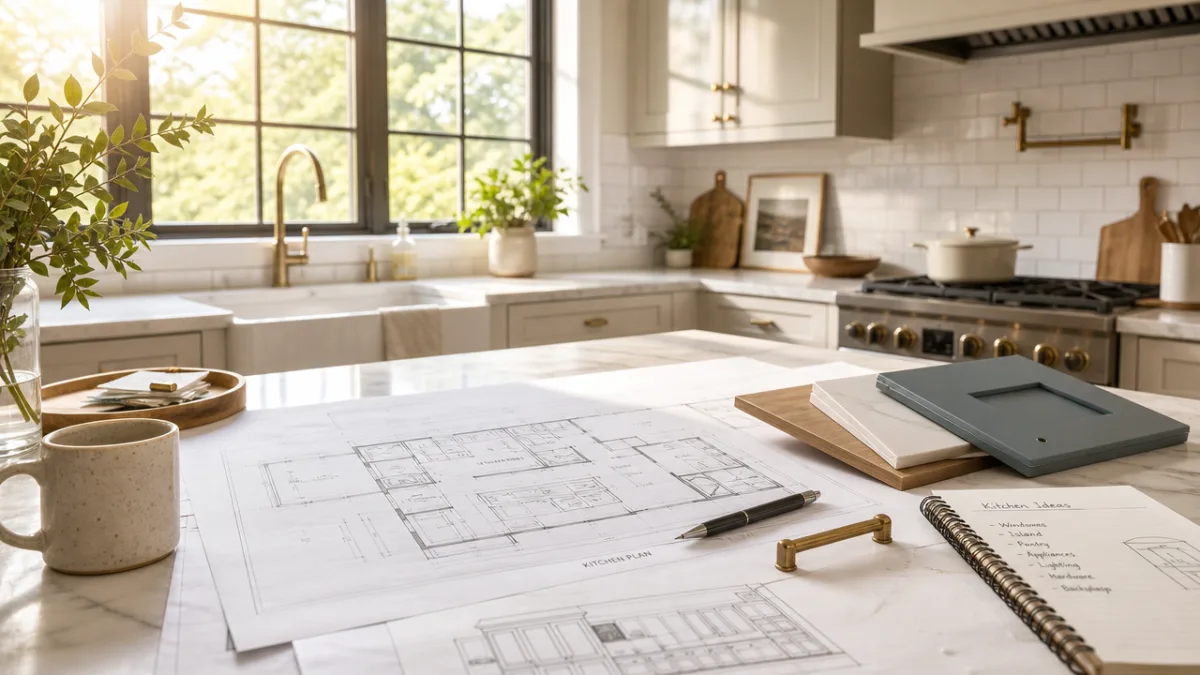 a bright, airy kitchen planning workspace with blueprints spread on a white…