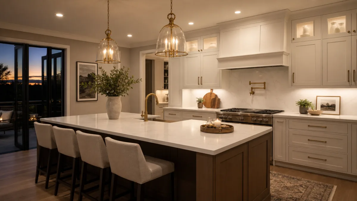 a luxurious modern kitchen interior with white quartz countertops, shaker cabinets and…