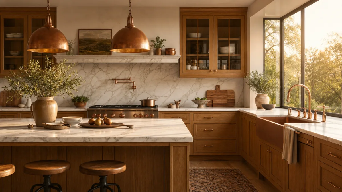 a finished dream kitchen with warm oak cabinets, marble backsplash and copper…