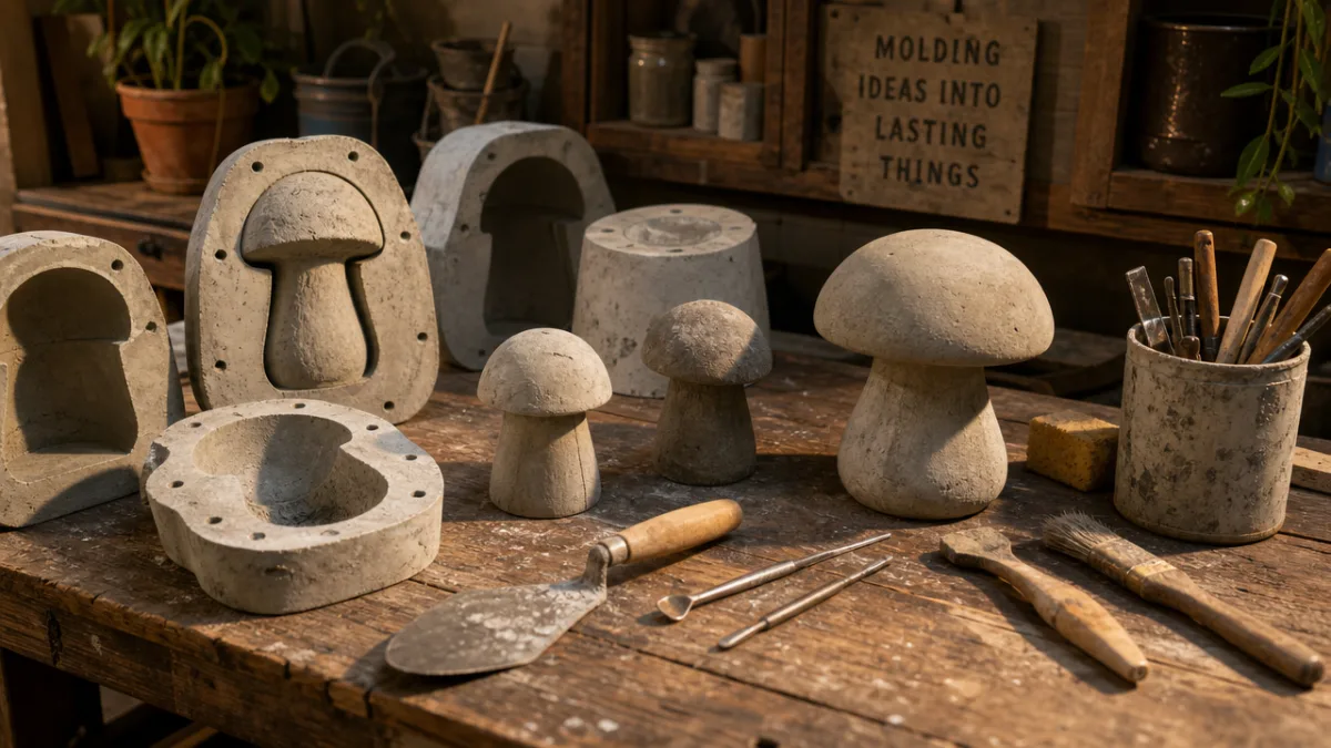 a rustic wooden workbench covered with concrete mushroom molds and tools, warm…
