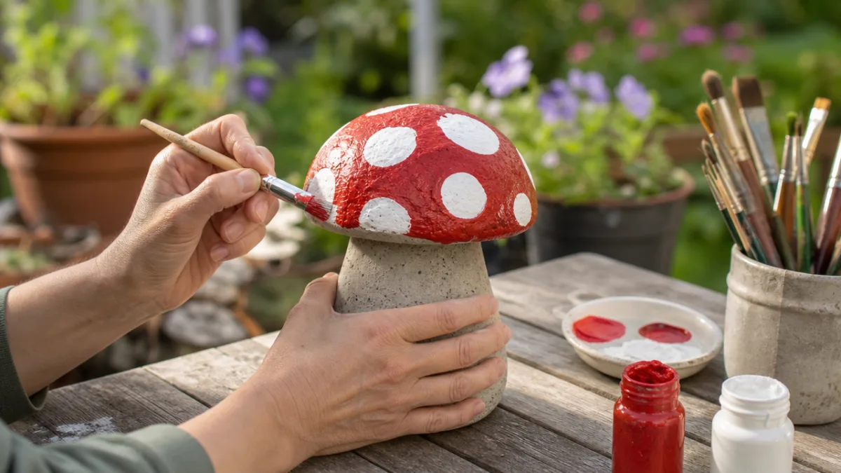 hands carefully painting a concrete mushroom cap with vibrant red and white…