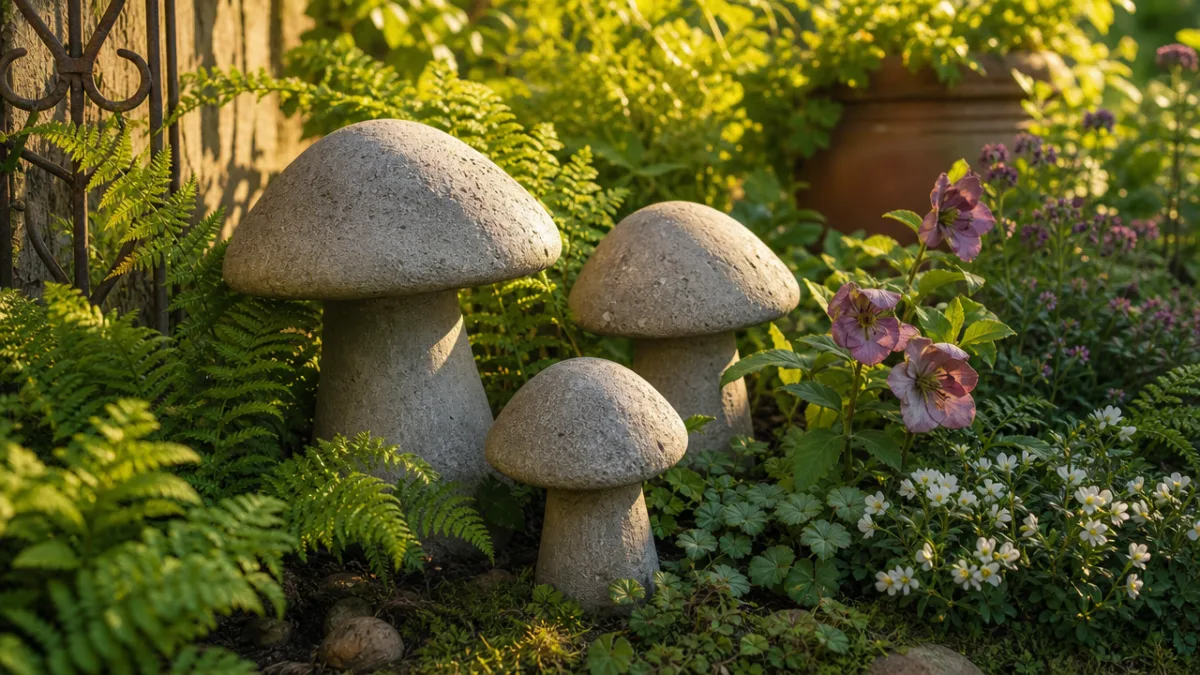 a lush garden corner with three concrete mushrooms nestled among green ferns…