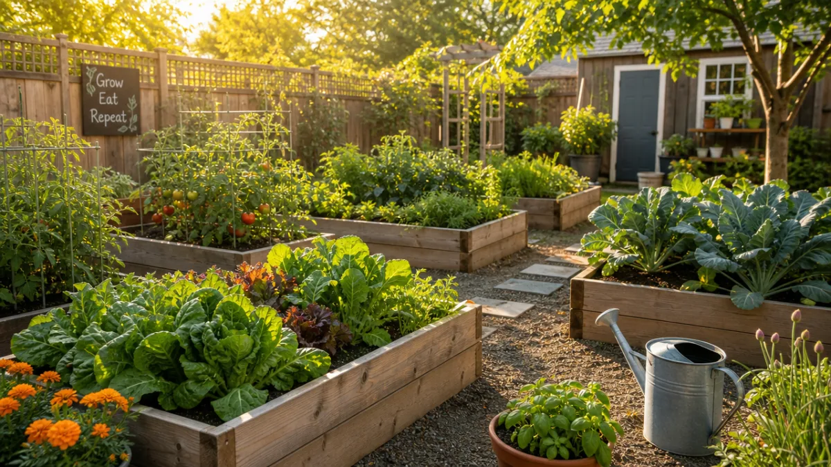 a sunlit backyard garden with multiple wooden raised beds filled with lush…