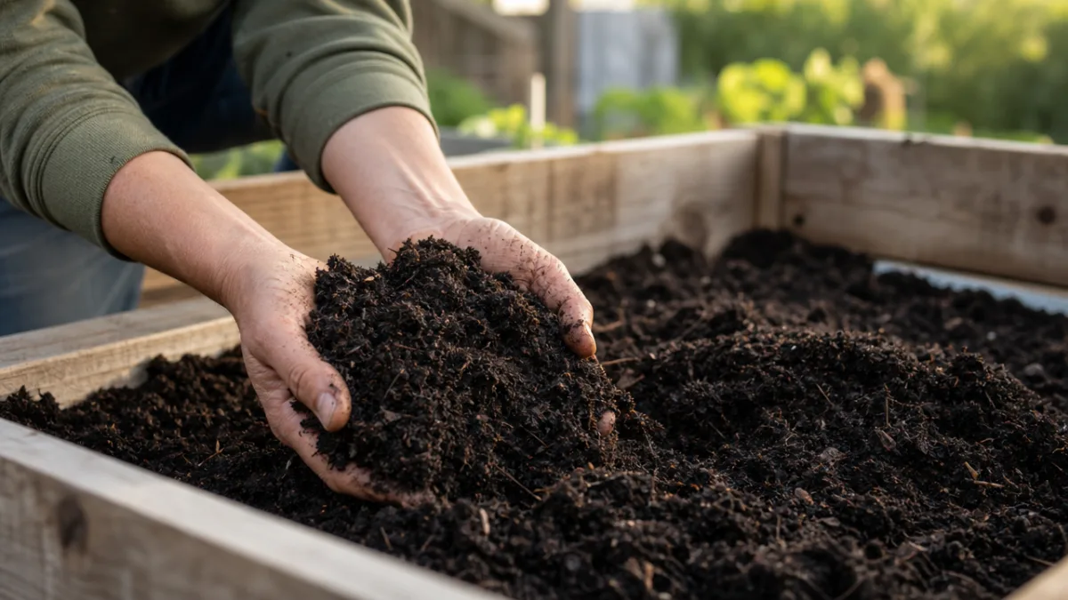 close-up of hands filling a wooden raised garden bed with rich dark…