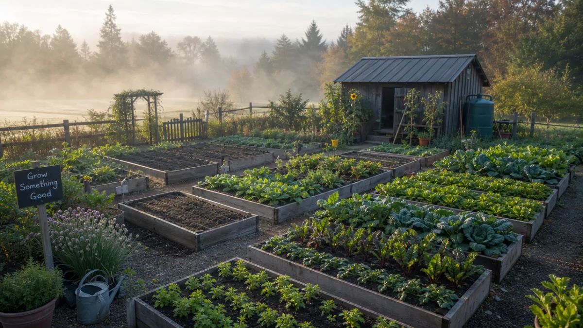 an organized small farm garden with raised beds in different seasonal stages,…