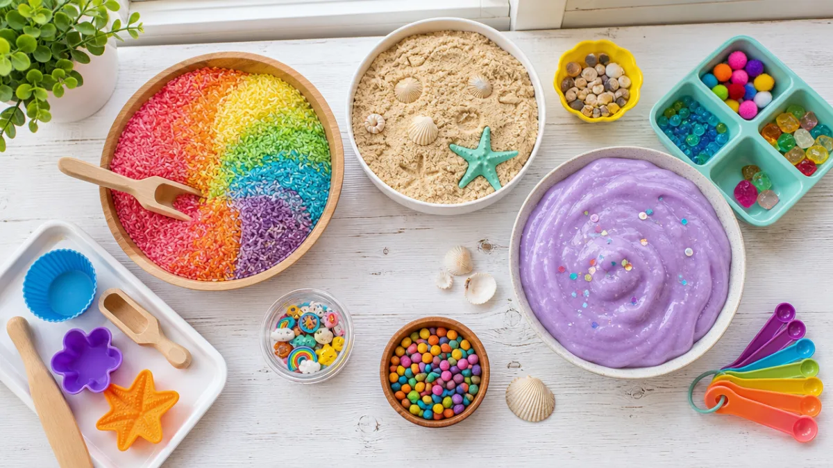 a colorful flat lay of sensory play materials including rice, sand, and…
