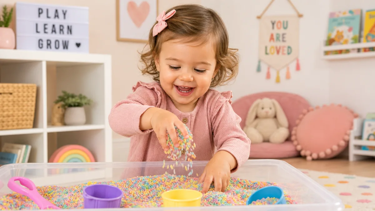 a young toddler with joyful expression playing with colorful sensory rice in…