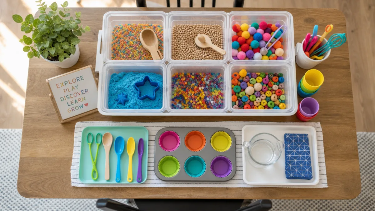 an overhead view of an organized sensory activity station with colorful bins…