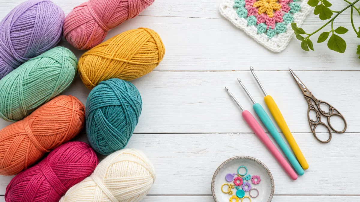flat lay of colorful cotton yarn skeins, crochet hooks, and scissors on…