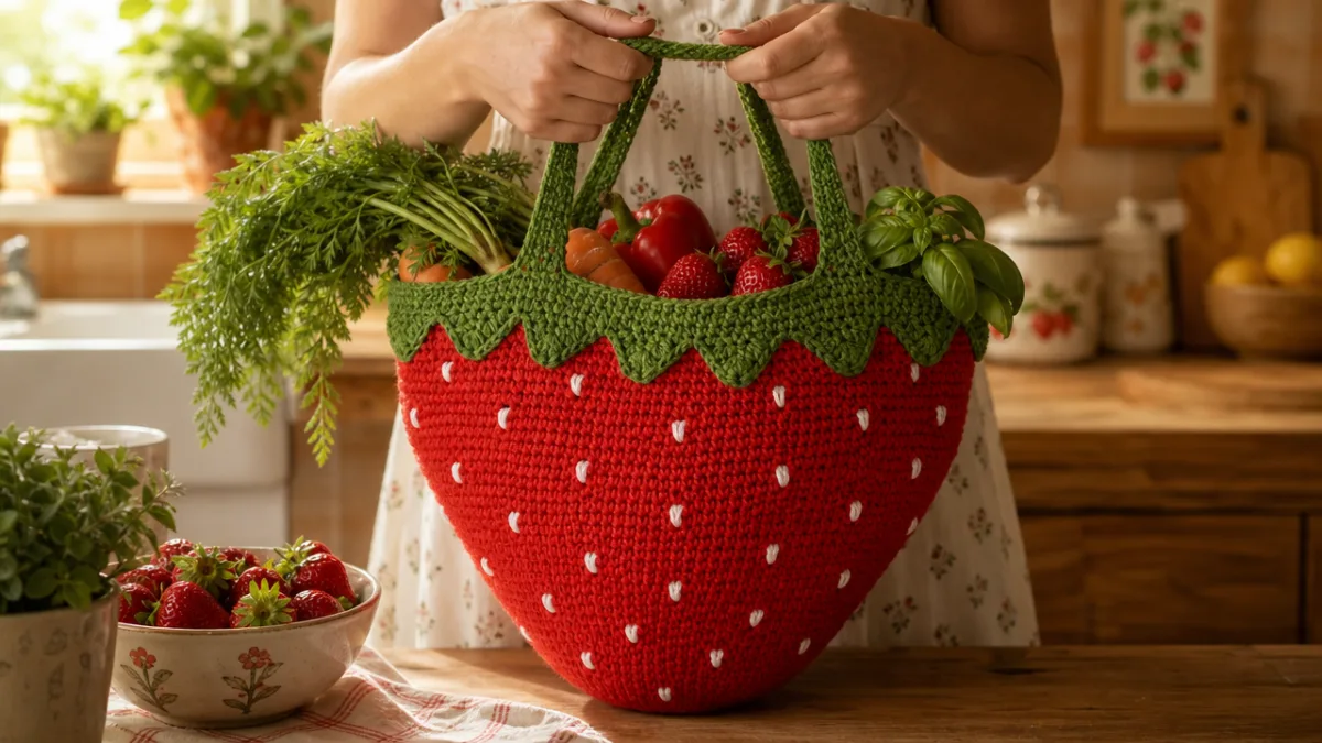 hands holding a completed red crocheted strawberry market bag filled with fresh…