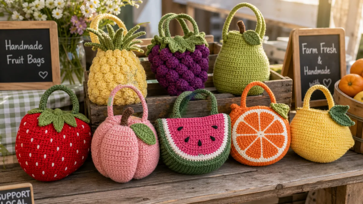 collection of colorful completed crochet fruit bags displayed on a rustic wooden…