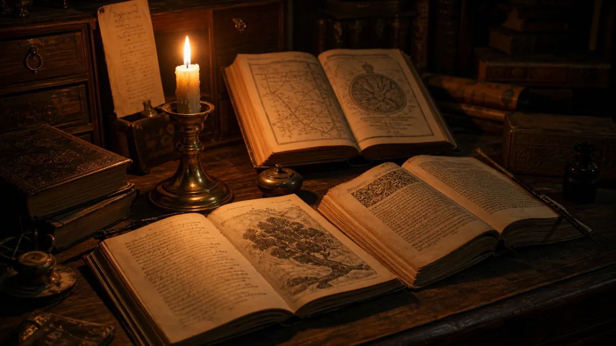 a candlelit wooden desk covered in open antique books with warm amber…