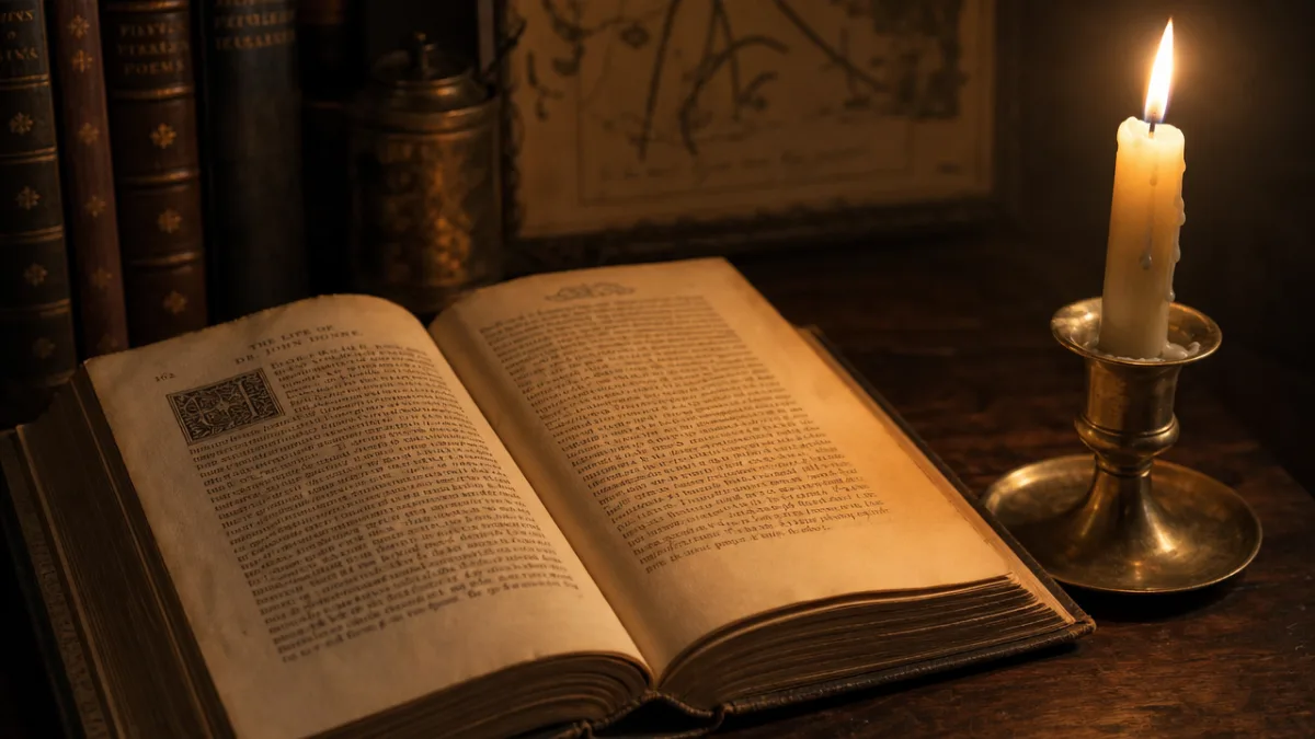a close-up of an open book beside a lit taper candle, warm…