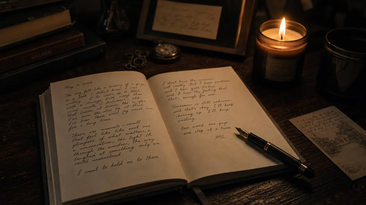 a handwritten journal open beside a burning candle on a dark wooden…