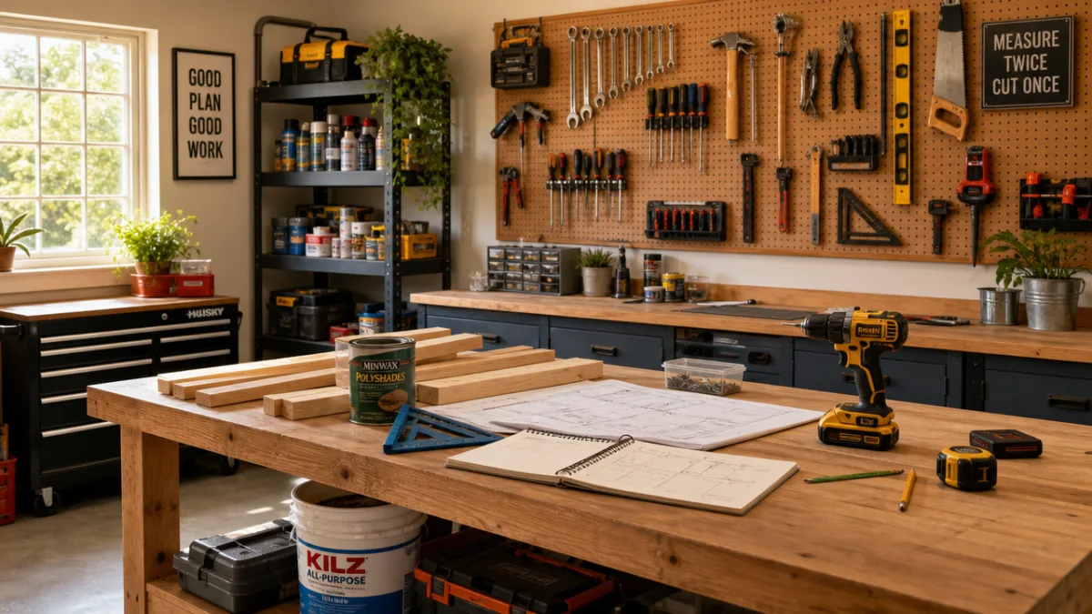 a well-lit garage workshop with organized tools on pegboards and a workbench…