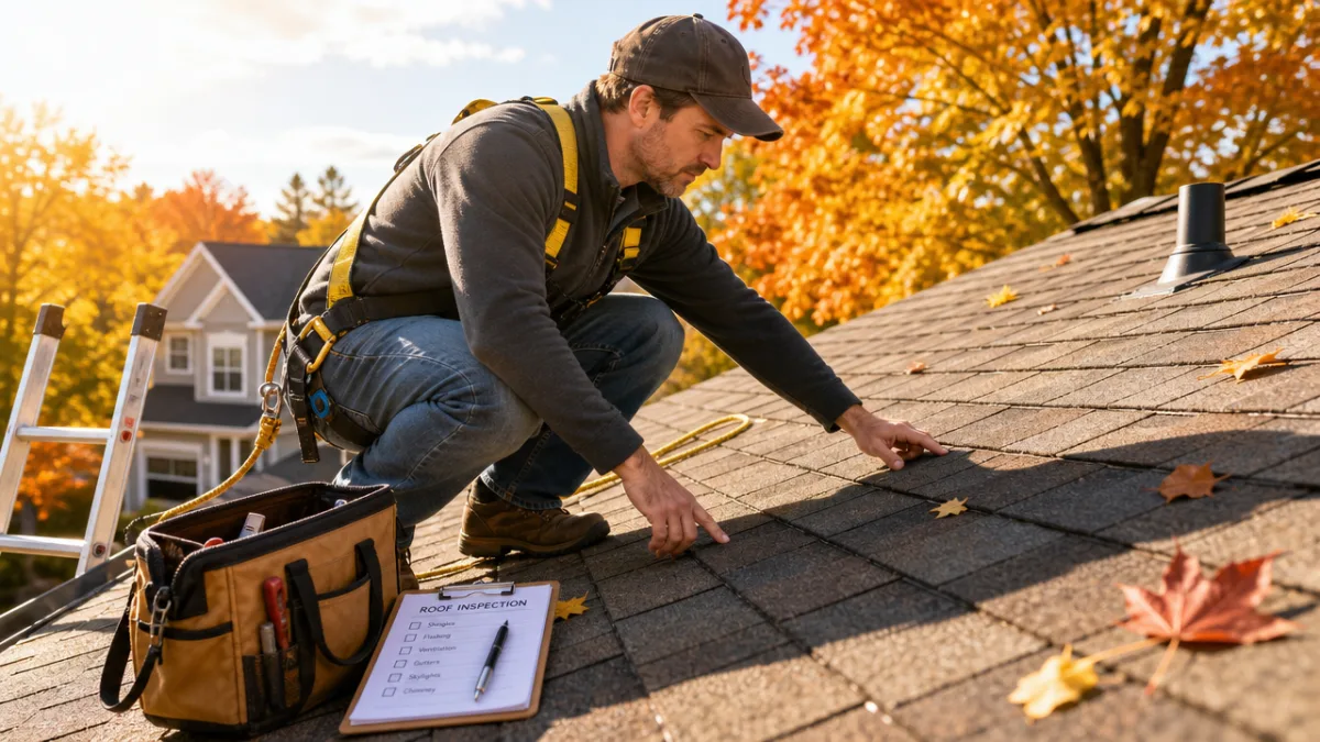 a homeowner inspecting roof shingles on a sunny autumn day, warm golden…