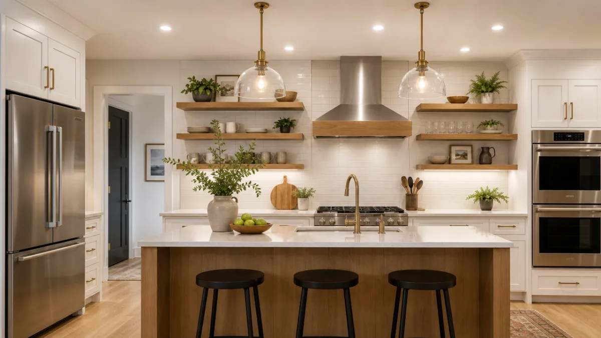 a beautifully renovated modern kitchen with open shelving and new appliances, bright…