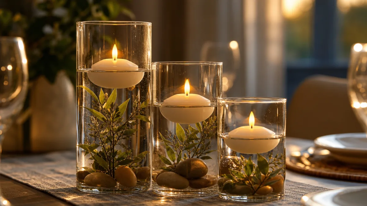 a close-up of three glass cylinder vases with flameless floating candles on…