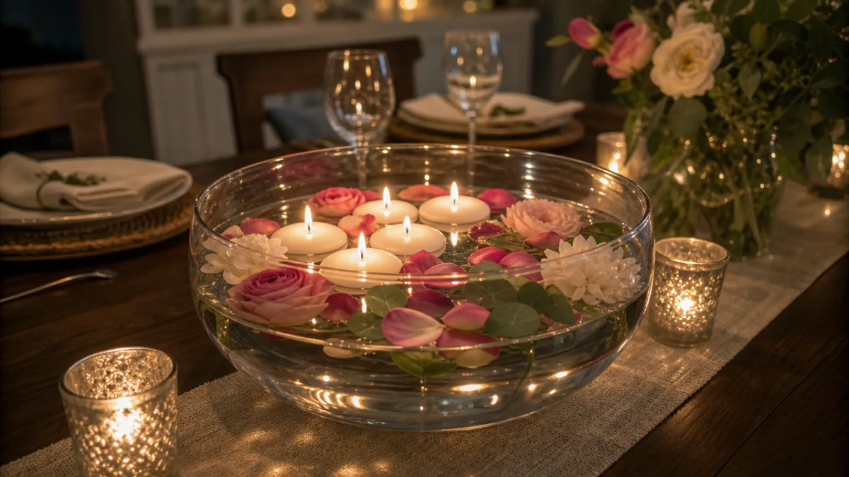 a beautifully arranged floating candle centerpiece on a wooden dining table, soft…