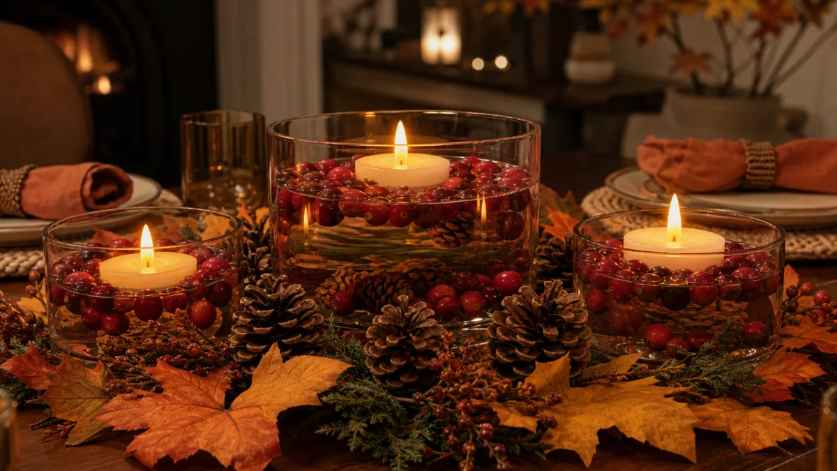 a cozy autumn tablescape with amber flameless floating candles surrounded by cranberries…