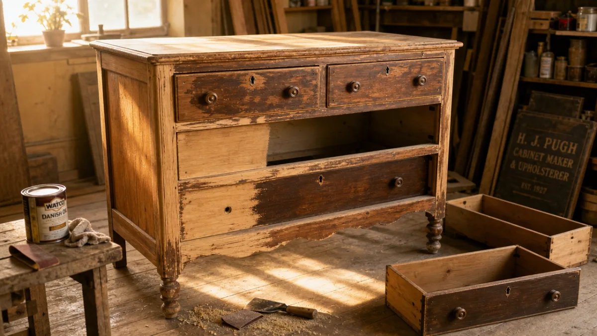 a vintage wooden dresser mid-restoration on a sunlit workshop floor, warm golden…