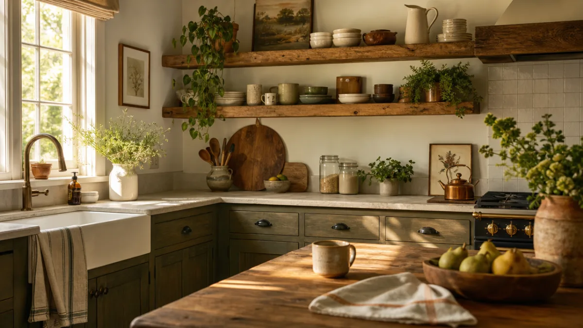a warm rustic kitchen with open wooden shelves holding ceramics and plants,…