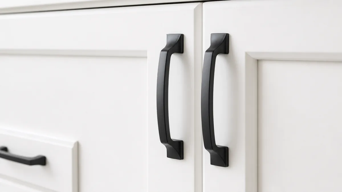 a close-up of elegant matte black cabinet hardware on white kitchen cabinets,…