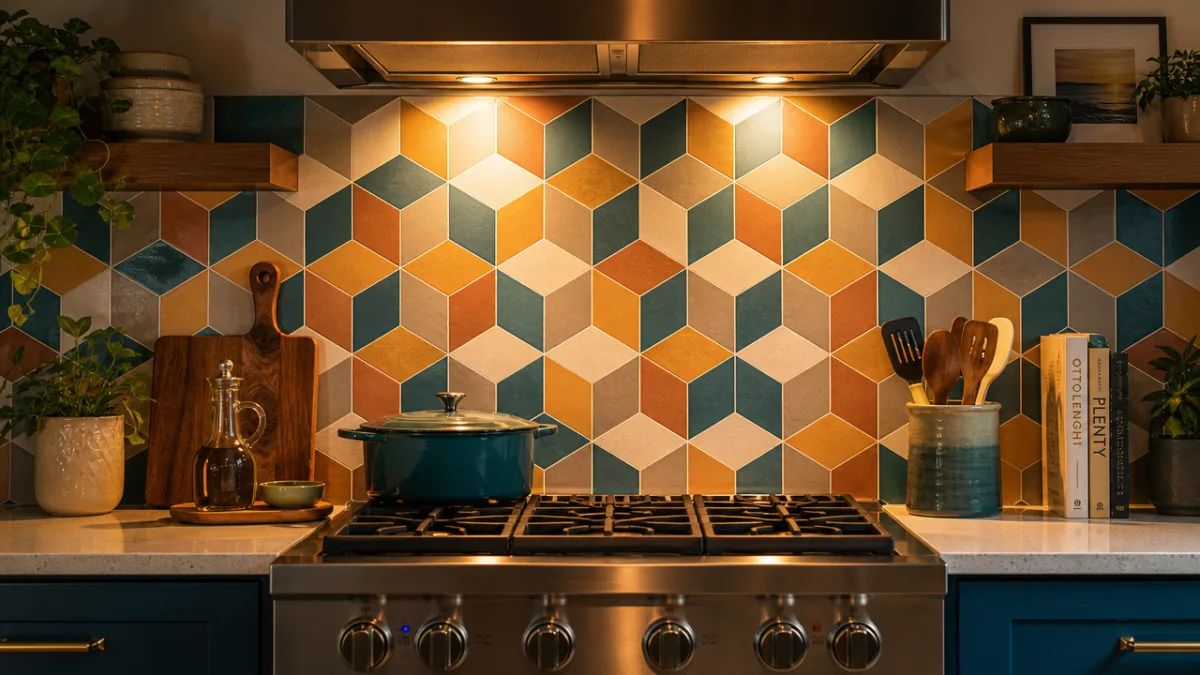 a vibrant kitchen backsplash with geometric peel-and-stick tiles behind a stove, warm…
