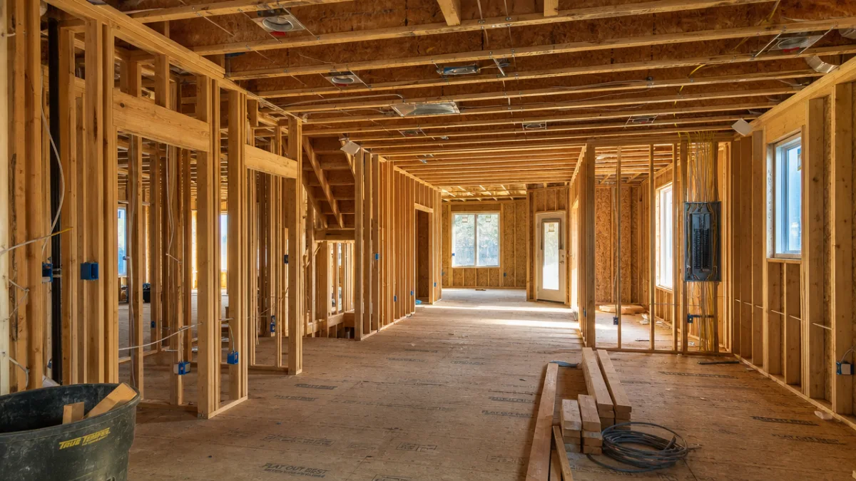 a wide-angle view of an unfinished home interior showing exposed wood framing…