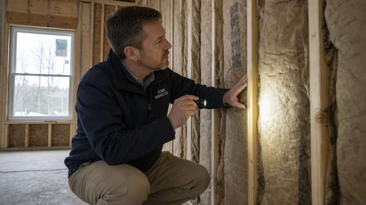 a professional home inspector examining exposed wall insulation with a flashlight in…