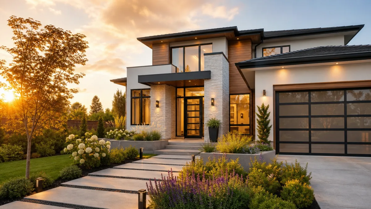a newly finished modern home exterior at golden hour with warm sunlight…