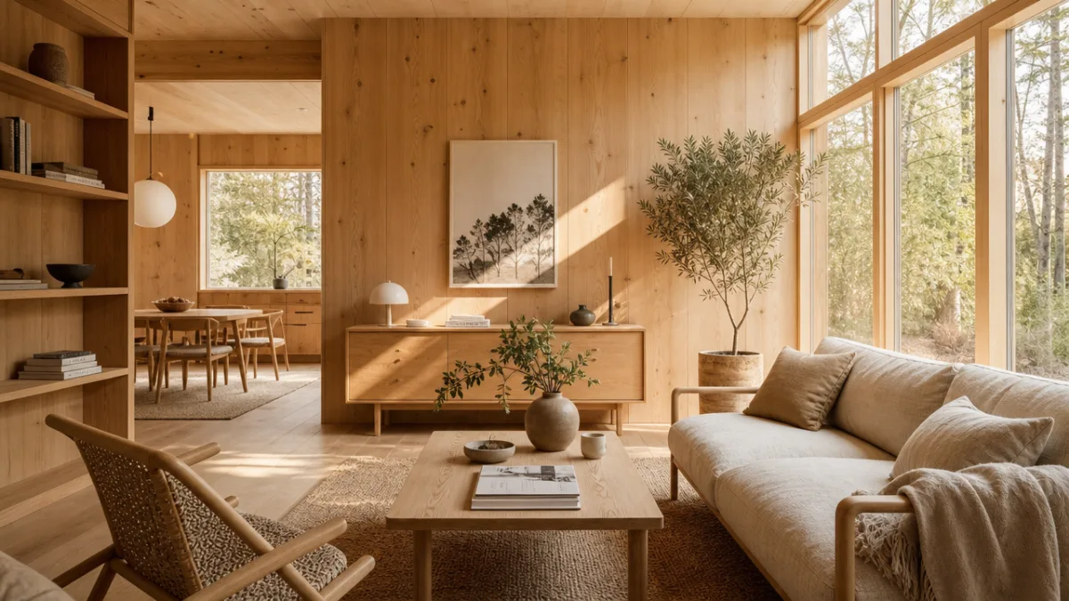 a warm Scandinavian interior with light oak wooden floors and walls, soft…