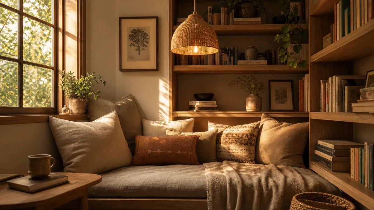a cozy reading nook with warm wooden shelving, glowing pendant lamp, and…