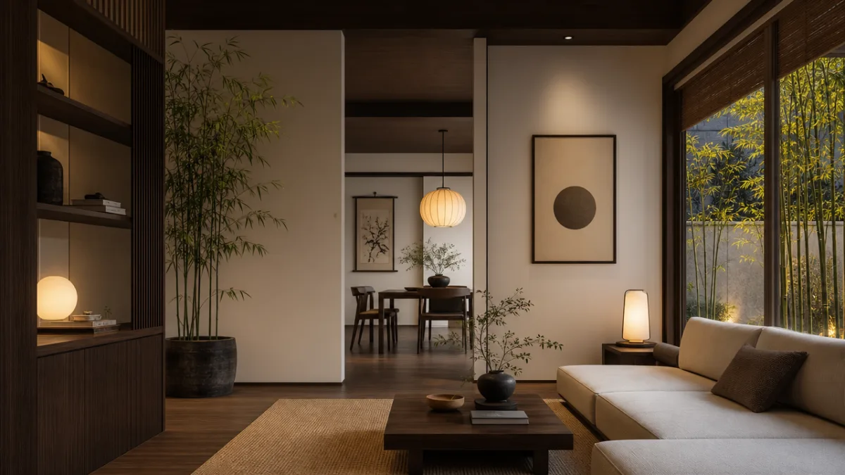 a modern japandi-style interior with dark walnut accents, white walls, bamboo plants,…