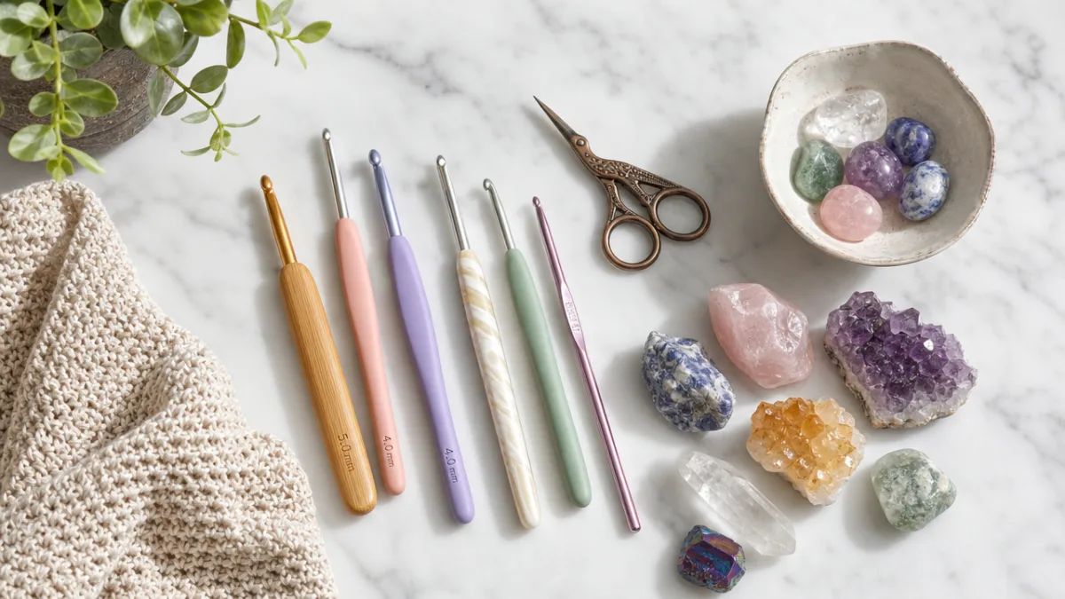 a flat lay of crochet tools and colorful crystals on a white…