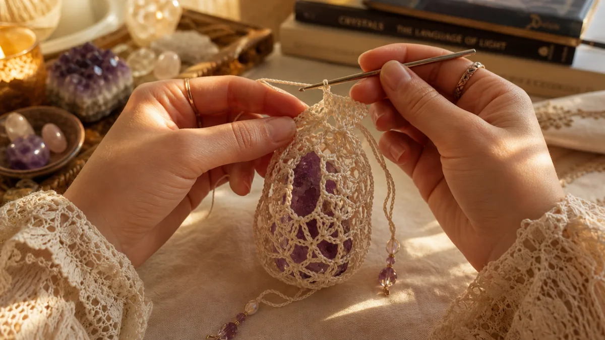 hands crocheting a delicate crystal pouch with a purple amethyst stone, warm…