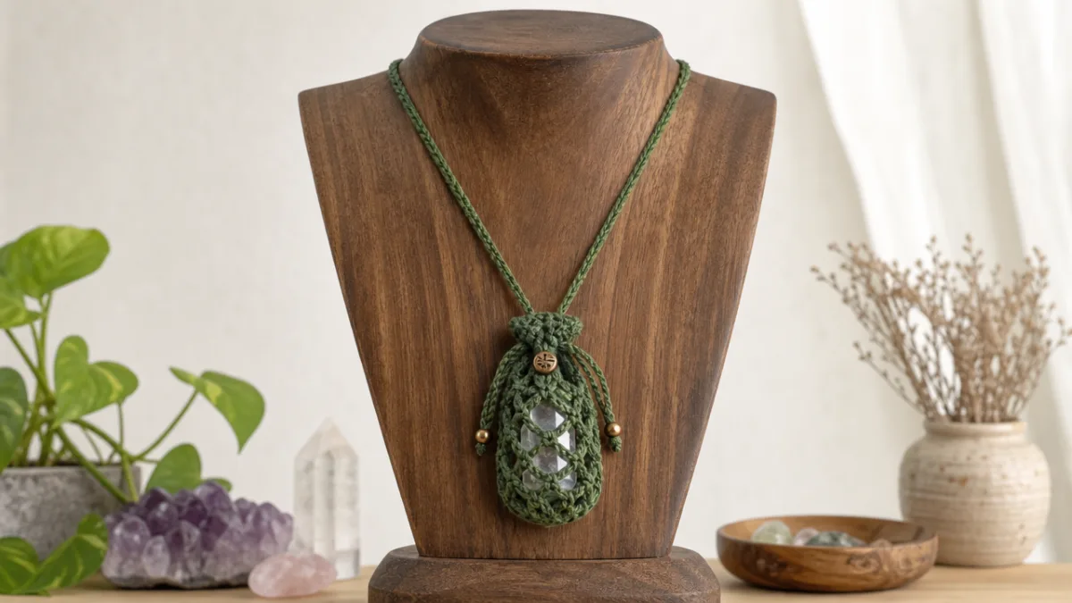 a finished crochet crystal pouch necklace displayed on a wooden jewelry stand,…