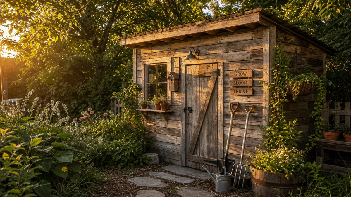 a rustic pallet wood garden shed surrounded by lush green plants, warm…