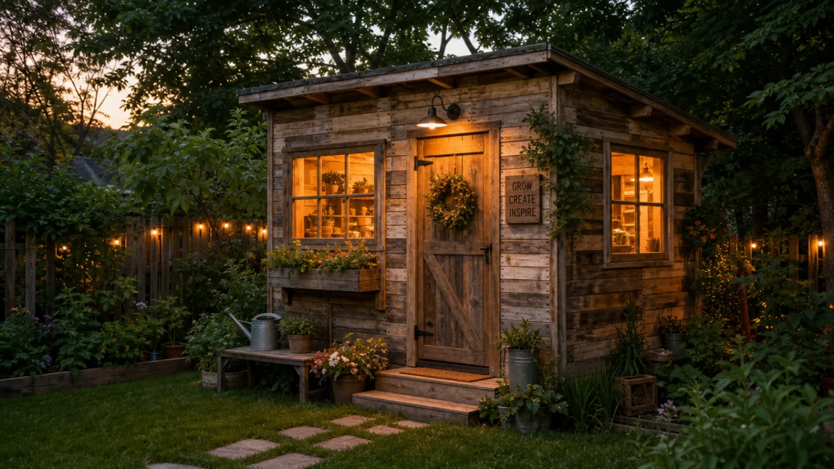 a finished rustic pallet shed in a lush backyard garden at dusk,…