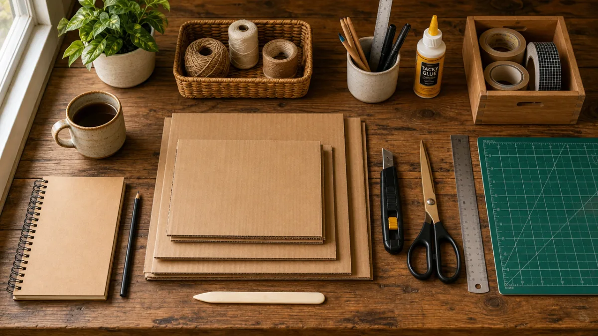 a neatly arranged flat lay of craft tools and cardboard on a…