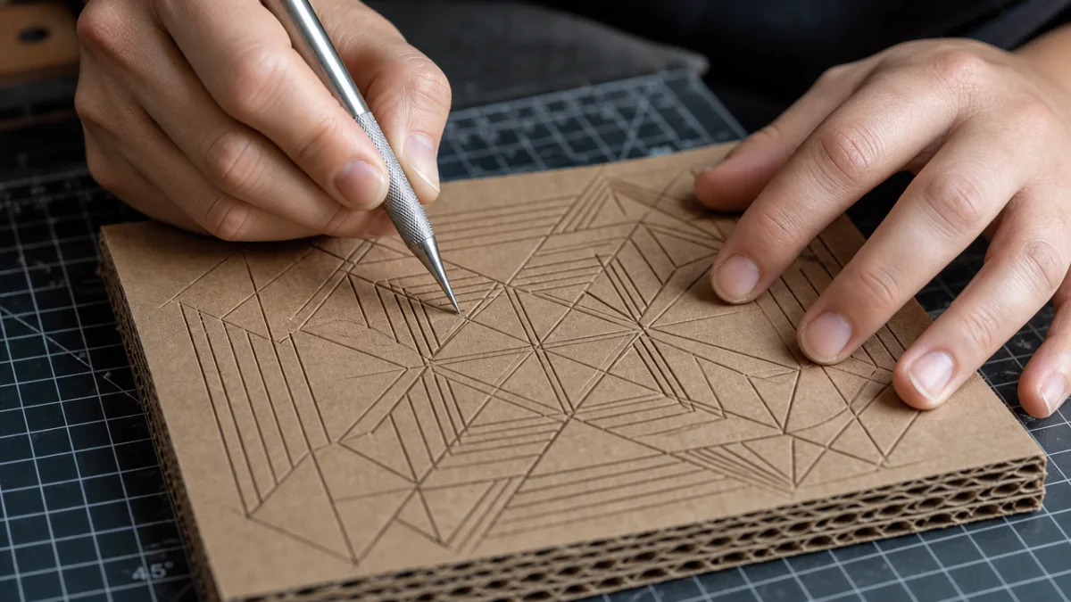 close-up of hands scoring intricate geometric patterns into layered cardboard on a…