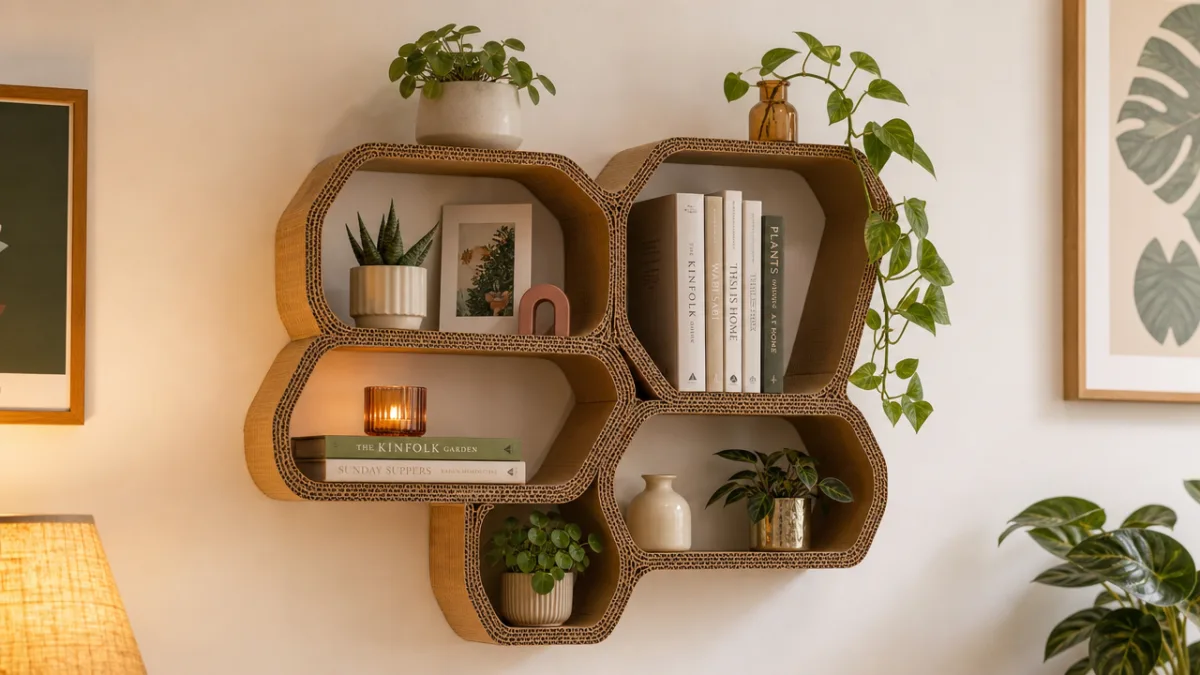 a finished decorative cardboard shelf mounted on a white wall, styled with…