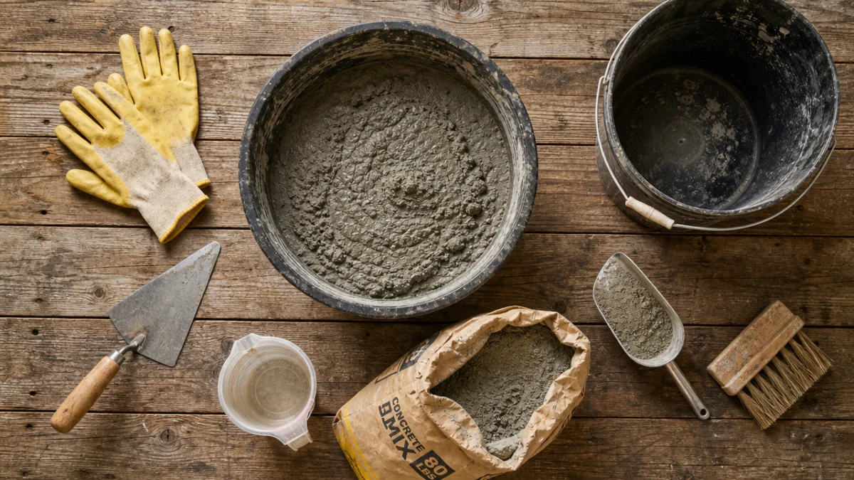 flat lay of concrete mix, rubber gloves, buckets and tools arranged on…